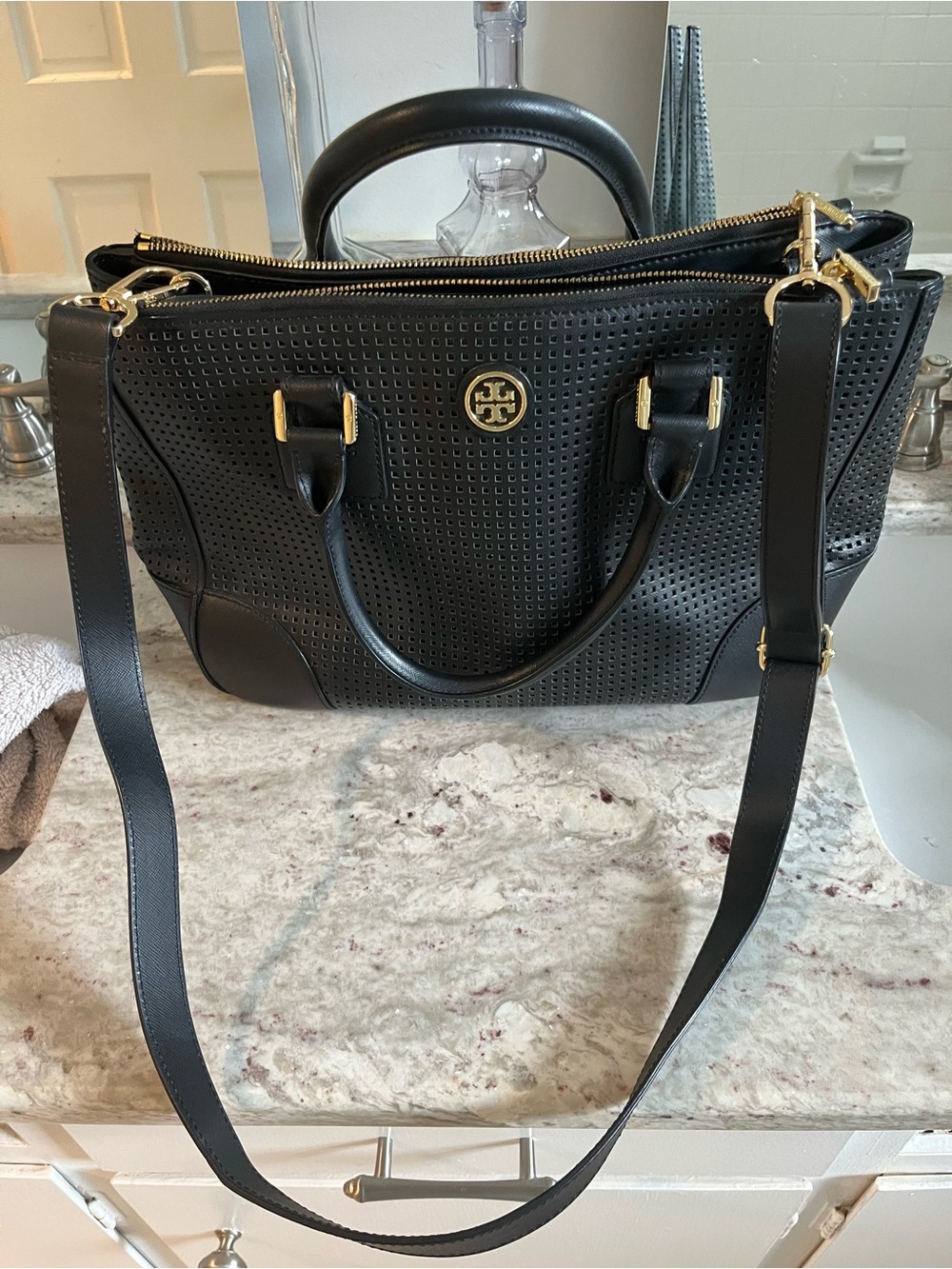 Tory Burch Black Perforated Leather Satchel with Gold Hardware